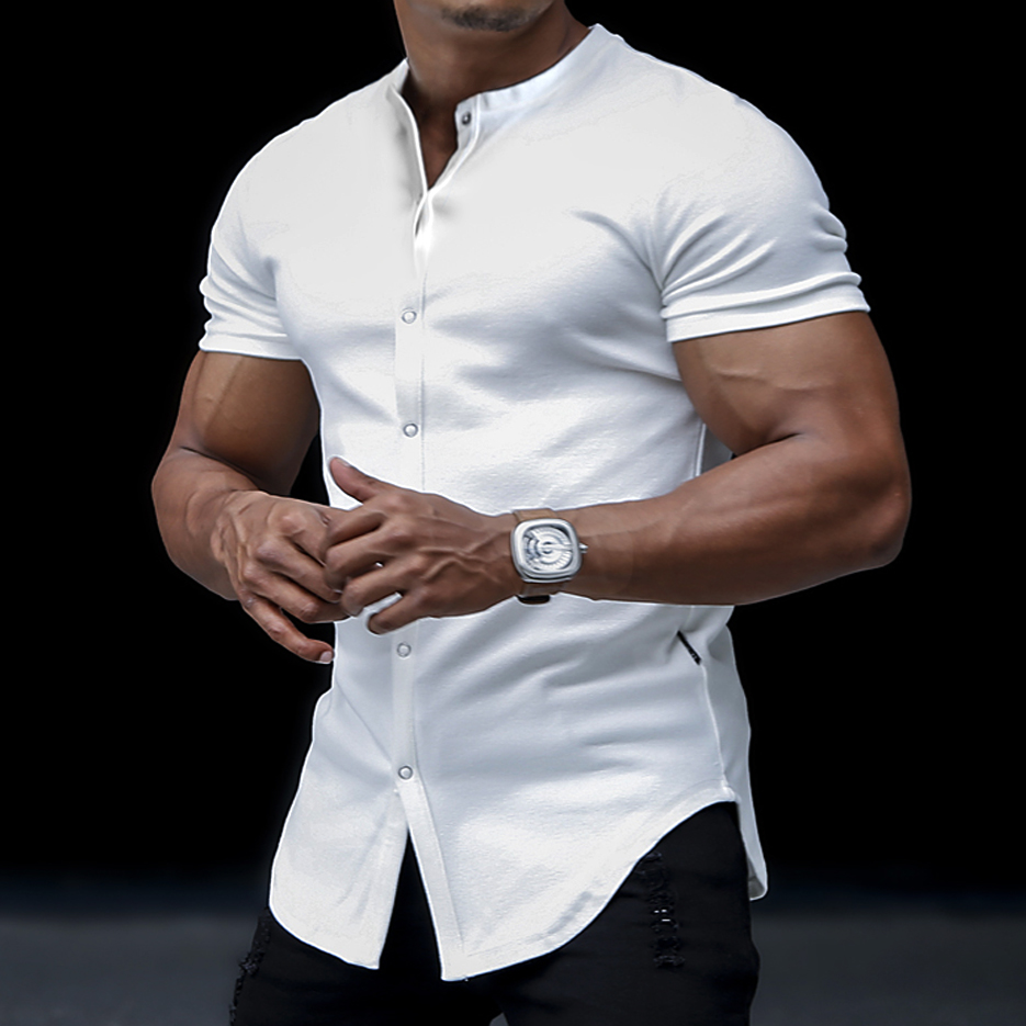 Men's Casual Slim Solid Color Short Sleeve Shirt Outdoor Fitness Sports Running Pure Cotton Stand Collar Cardigan
